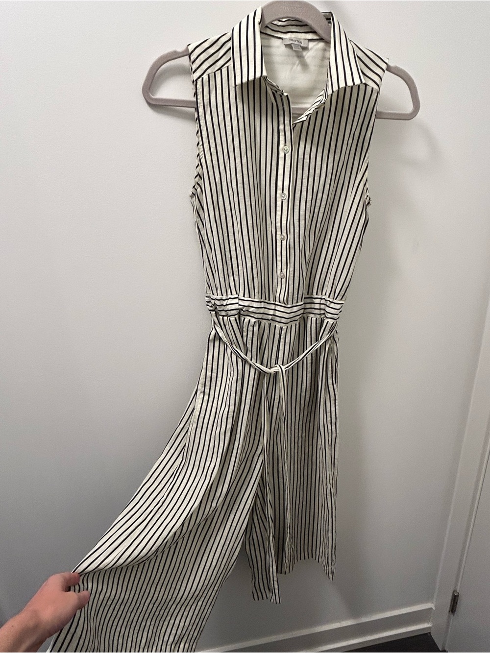 Sleeveless Black & White Striped Capri Jumpsuit